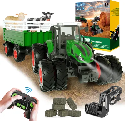 Produktbild von Ferngesteuerter Traktor Spielzeug ab 2 3 4 5 Jahre, Inklusive 2,4-GHz-Fernsteuerung, Kuh, Schaf und Heuballen, Traktor mit Anhänger Spielzeug Traktor ferngesteuert ab 2-5 Jahre