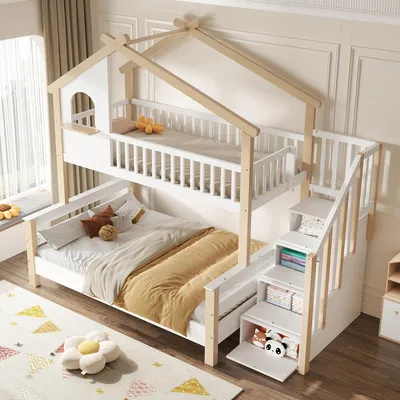 Obrázok produktu pre Detská poschodová posteľ 90x190/120x190 cm s úložným priestorom v schodoch, zábranou, zábradlími a roštmi, domčeková posteľ v bielej/prírodnej farbe