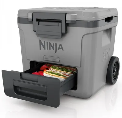 Obrázok produktu pre Chladnička Ninja FrostVault FB230EUGY, 28 L, pasívna, 48 plechoviek, udržuje ľad až 5 dní, suché oddelenie, kolieska, sivá