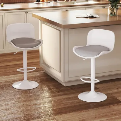 Image de Ensemble de 2 tabourets de bar, réglables en hauteur, revêtus en similicuir, avec dossier et repose-pieds, blanc/gris