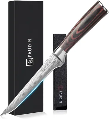 Image de PAUDIN N10 Couteau Désosseur Aiguisé 15 cm – Couteau à Viande pour Viande et Volaille – Couteau de Chef – Couteau de type japonais – Motif Damas – Avec Protège-Lame