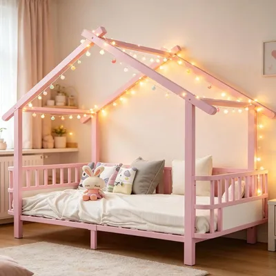 Immagine prodotto di Letto a castello 90x200 cm rosa in metallo, letto a castello in metallo a forma di casetta 90x200 con sponde di sicurezza, ideale per la cameretta
