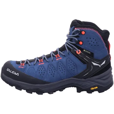 A side view of a blue hiking boot with coral accents.