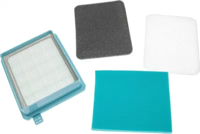 A set of air filters for an appliance, including a HEPA filter with a blue frame, a gray foam filter, and a teal foam filter.