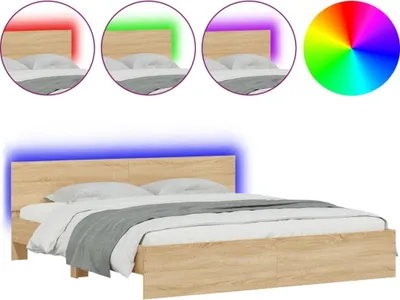 A wooden bed frame with a headboard and blue LED lighting, shown from the front with multiple smaller circular images above showing different LED color options.