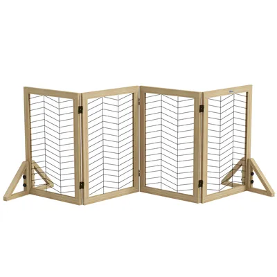 Produktbild von PawHut Hunde Absperrgitter aus Holz, Türschutzgitter, Klappbares Hundegitter mit 4 Platten, Hundeabsperrgitter, Treppenschutzgitter, Natur, Kamingitter für Ofen, 187 x 44 x 70 cm
