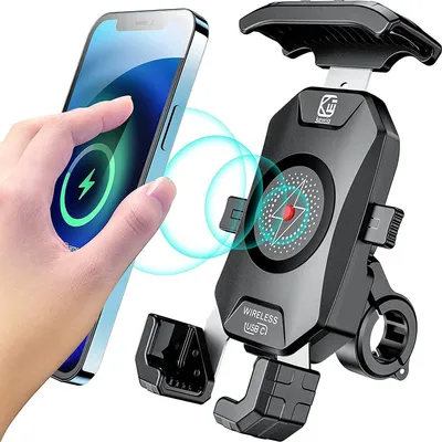 Zdjęcie produktu dla Uchwyt na telefon do roweru/motocykla, bezprzewodowe ładowanie 15W i ładowanie USB-C 20W, obrotowy o 360°, wodoodporny, kompatybilny z telefonami o przekątnej ekranu 4-7 cali