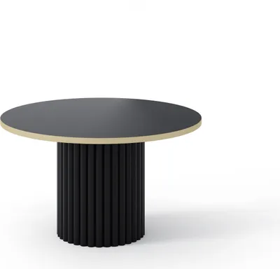A round table with a black top and a fluted black base with a gold trim.