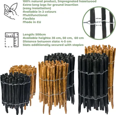 Produktbild von BOGATECO Haselnuss Roll-Steckzaun aus Holz Braun imprágniert | 35cm Hoch & 500cm Lang | Lattenabstand 4-5cm