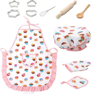 Zdjęcie produktu dla Akcesoria kuchenne dla dzieci, interaktywny zestaw do zabawy dla dziewczynek, ciekawy zestaw fartuszek-czapka-rękawiczki, zabawka