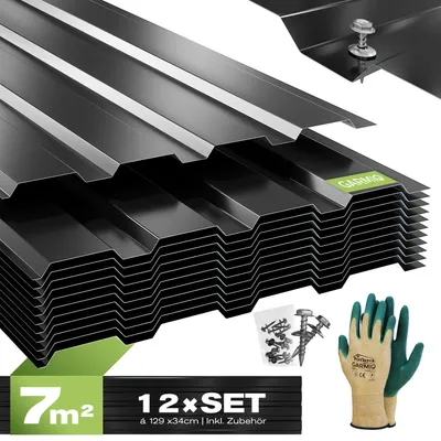 Produktbild von GARMIO® Profilblech Trapezblech Amalfi 129 Set 12 Stück Dachblech 129x45 cm, verzinkter Stahl schwarz