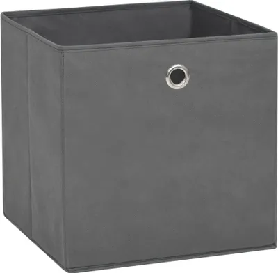 A plain gray fabric storage cube with a metal grommet for grip sits on a white background.