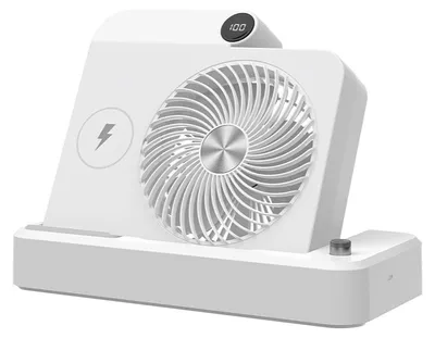 Zdjęcie produktu dla Wentylator stołowy Zimilo 2 w 1 z funkcją bezprzewodowego ładowania, 2400 mAh, wentylator z portem USB-C i wyświetlaczem LED, 100 stopni regulacji, wentylator z funkcją ładowania telefonu komórkowego, biały
