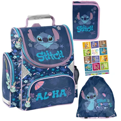 Produktbild von Schulranzen für Jungen und Mädchen, 4er-Set - Schul-Rucksack für Kinder mit Federmäppchen - Schuhbeutel und Hausaufgabenheft - Stitch Motiv