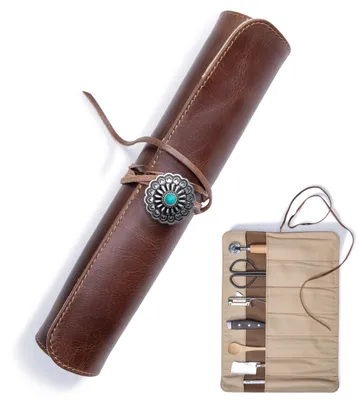 Imagen del producto de Estuche de cuero para cuchillos con 7 compartimentos, fabricado en cuero de búfalo de alta calidad, ideal para guardar cuchillos de cocina, color marrón