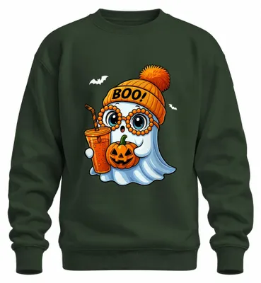Imagen del producto de Sudadera para niños con motivos de Halloween: fantasma, calabaza, "dulce o truco", diseño adorable, color verde botella, talla S
