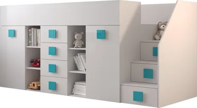 Produktbild von Etagenbett für Kinder Toledo 3 Stockbett mit Treppe, Schreibtisch, Bettkasten (Weiß/Weiß Glanz + türkise Griffe, Seite: Rechts)
