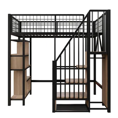 Immagine prodotto di okwish letto a soppalco 90x200 letto per ragazzi letto in metallo con materasso, letto per adulti con ripiani e scale, struttura letto con area aperta sotto il letto, nero