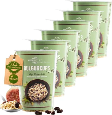 Produktbild von FEELNATURE Bulgurcups 6er-Pack Subtropical (Feige, Rosine, Apfel) - veganes Instant-Fertiggericht (ohne Palmöl, Geschmacksverstärker & künstliche Aromen)