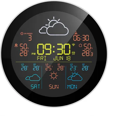 A digital weather station displaying time, date, temperature, humidity, and weather forecast.