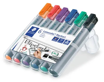 Image de Marqueurs pour tableau de conférence STAEDTLER® Lumocolor, pointe biseautée, largeur de trait 2–5 mm, assortis, paquet de 6, noir, bleu, rouge, vert, orange, violet