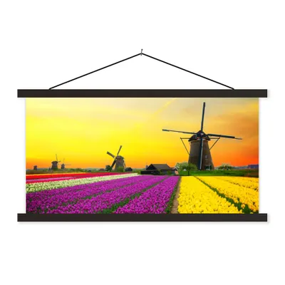 Produktbild von MuchoWow® Textilposter Windmühle - Tulpen - Blumen - Frühling 120x60 cm mit schwarzem Rahmen - Dekoration Schlafzimmer