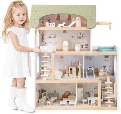 Imagen del producto de Casa de muñecas de madera, casa de muñecas para niños con 33 muebles, casa de muñecas con balcón y piscina, villa de muñecas, una casa de ensueño para niñas y niños a partir de 2 años (verde)