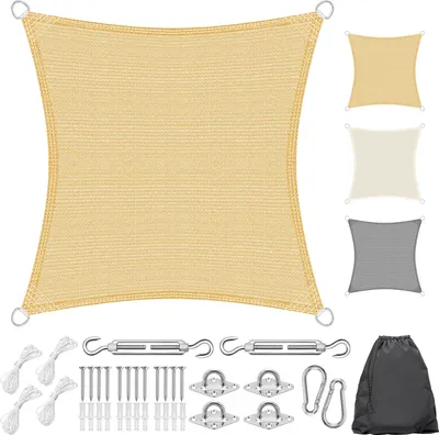 Produktbild von 2x2m Quadratisch HDPE Sonnensegel mit Befestigung und Aufbewahrungstasche, Sonnenschutz, UV Schutz, Windschutz für Terrasse, Balkon, Garten - Khaki