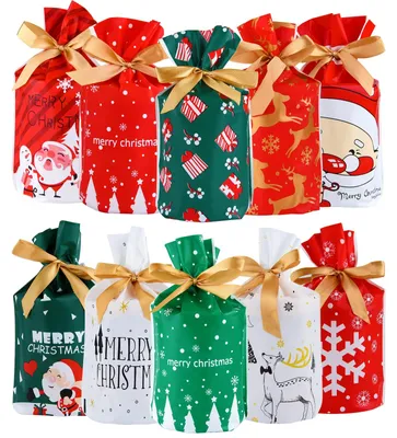 Weihnachts-Geschenkbeutel mit Kordelzug, 50 Stück, 10 Designs