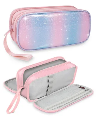 Produktbild von Großes Federmäppchen mit 3 Fächern, Federmäppchen, Stiftebox, Federmäppchen für Schule und Büro, rosa blau