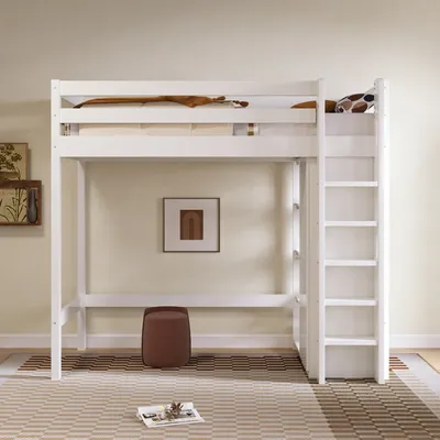 Produktbild von okwish Kinderbett Hochbett 90x200 cm mit Kleiderschrank und Regalen Einzelbett mit Rausfallschutz und Leiter Weiß