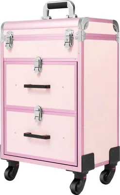 Immagine prodotto di Valigetta per trucco con ruote - Valigetta cosmetica con ruote - 3 ripiani - Maniglia telescopica a 3 livelli - Portata 50 kg - Rosa