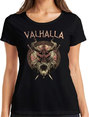 Obrázek produktu pro Dámské tričko Valhalla Viking Helmet Swords Runic Circle Norse Mythology, černá, M