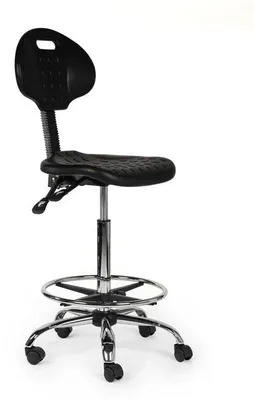 Produktbild von Ergonomisch Arbeitshocker Schwarz Mit Lehne Auf Räder - Hoch / mit Fußstütze / Standardmäßige Räder