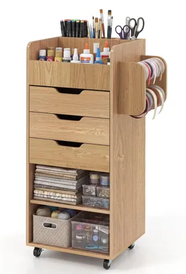 Produktbild von COSTWAY Rollcontainer, Rollwagen auf Rollen, Bastelwagen mit 2 Rollstangen & 3 Fächern, Bastelschrank aus Holz, Unterschrank, Bürocontainer, Natur