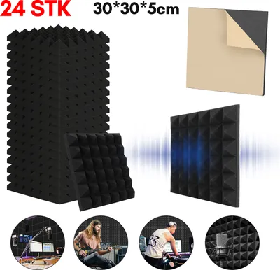 Obrázek produktu pro Jopassy 24 kusů akustické pěny 30x30x5 cm černá Akustická pěna pyramidová pěna