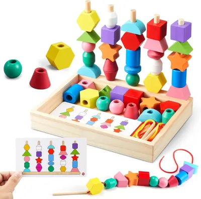 Produktbild von Montessori Spielzeug ab 3 4 5 Jahre Motorikspielzeug Fädelspiel Bausteine Sortierspiel für Kinder, Holz StapelspielFeinmotorik Lernspiele Geschenk