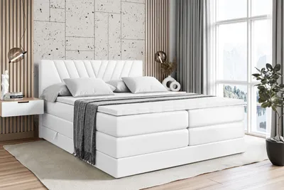 Produktbild von ALTDECOR Boxspringbett mit 2 Matratzen und Topper - 120x200 cm - ERNINA KING - Weiß Kunstleder - Polsterbett mit, H3- und H4- Matratzen, Bettkasten und Lattenrost, Bett mit Stauraum