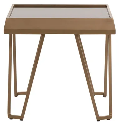 Immagine prodotto di Tavolino dorato con struttura in legno e gambe alte, stile minimalista