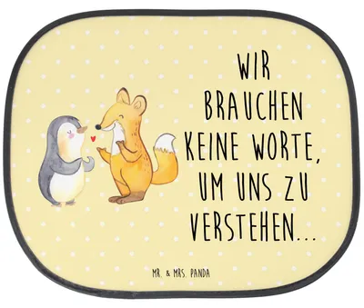 Produktbild von Mr. & Mrs. Panda kfz blendschutz Fuchs & Pinguin gehörlos - Gelb Pastell - Geschenk, Auto Sonnenblende, Sonnenschutz für, Gebärdensprache, Pkw