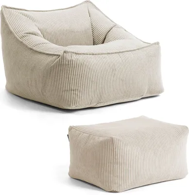Produktbild von mokebo Sitzsack Sessel mit Hocker aus Cord 'Der Lümmel', XXL Sitzsack, Cord Sessel oder Sitz Sessel für Wohnzimmer und Wintergarten, auch als Riesensitzsack in 83x73x60 (BxHxT in cm) in Beige