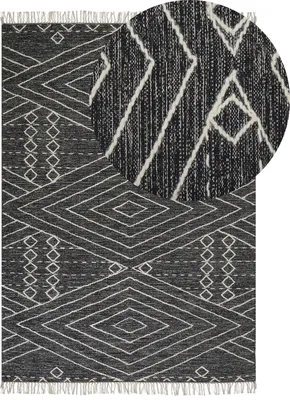 Obrázek produktu pro BELIANI Koberec černý a bílý bavlna vlna 140 x 200 cm geometrický vzor střapce orientální