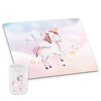 Produktbild von itenga Schreibunterlage Deluxe mit Stifteköcher Motiv EINHORN Wasserfarben