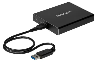 Produktbild von StarTech.com Dual Slot Festplattengehäuse für M.2 SATA SSDs - USB 3.1 (10Gbit/s) - RAID, SSD-Gehäuse, M.2, M.2, SATA, Serial ATA II, Serial ATA III, 10 Gbit/s, USB Anschluss, Schwarz