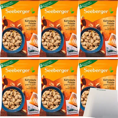 Produktbild von Seeberger Kalifornische Pistazien geröstet und gesalzen 6er Pack (6x150g Packung) + usy Block