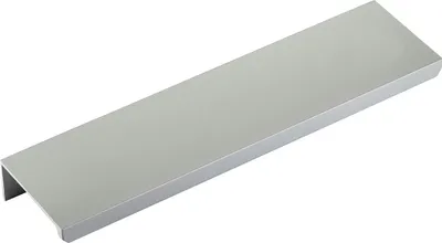 A silver drawer pull is shown from a diagonal angle against a white background.