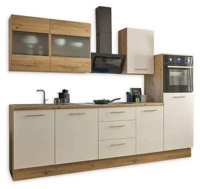 Produktbild von Capri Moderne Küchenzeile ohne Elektrogeräte in Weiß, Artisan Eiche Optik - Geräumige Einbauküche mit viel Stauraum - 280 x 168 x 58