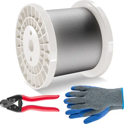 Obrázek produktu pro SucceBuy 1/8" 600 stop dlouhá sada nerezových lan, pevnost v přetržení 1600 liber, konstrukce 7x7, řezák a rukavice, pro zábradlí, terasy, ploty, venkovní použití