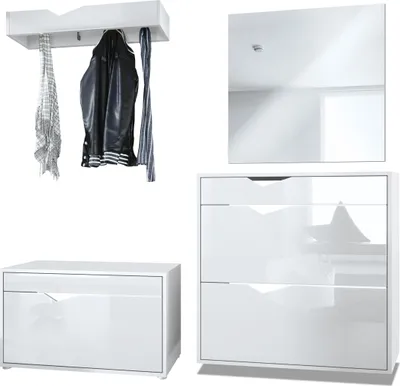 Produktbild von Vladon Garderobe Kolmio 190 x 185 x 33 cm Flurgarderoben Set,  Germany, Korpus in Weiß matt, Fronten in Weiß Hochglanz | Große Farbauswahl