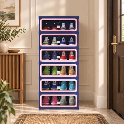 Imagen del producto de INONEFT - Zapatero estrecho con 6 niveles y puerta, estante de plástico para 12 pares de zapatos, solución de almacenamiento para zapatos que ahorra espacio, 45x34x106 cm, azul